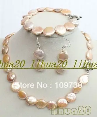 

Jewelry 00407 Natural 12MM pink Freshwater coin pearl necklaces bracelet 18"+earring setsets(3length can choose) (A0423) -Bride