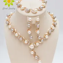 Мода, ожерелье, браслет, серьги из искусственного жемчуга, наборы, прозрачный кристалл, золотой цвет, женские украшения для свадьбы, наборы