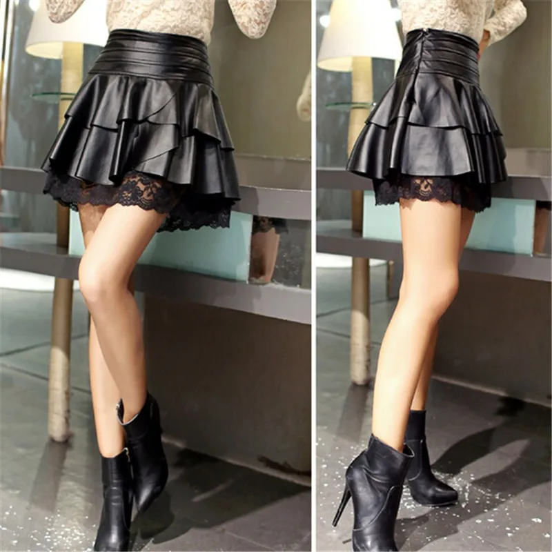 Женская Сексуальная плиссированная юбка с высокой талией черная искусственная кожа Юбки Винтаж короткая мини-юбка кружевная строчка