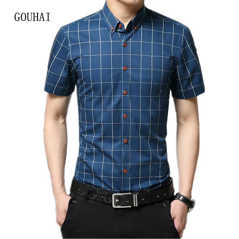 Summer Business Short Sleeve Plaid Shirt Mens Dress Shirt 100% Cotton ...