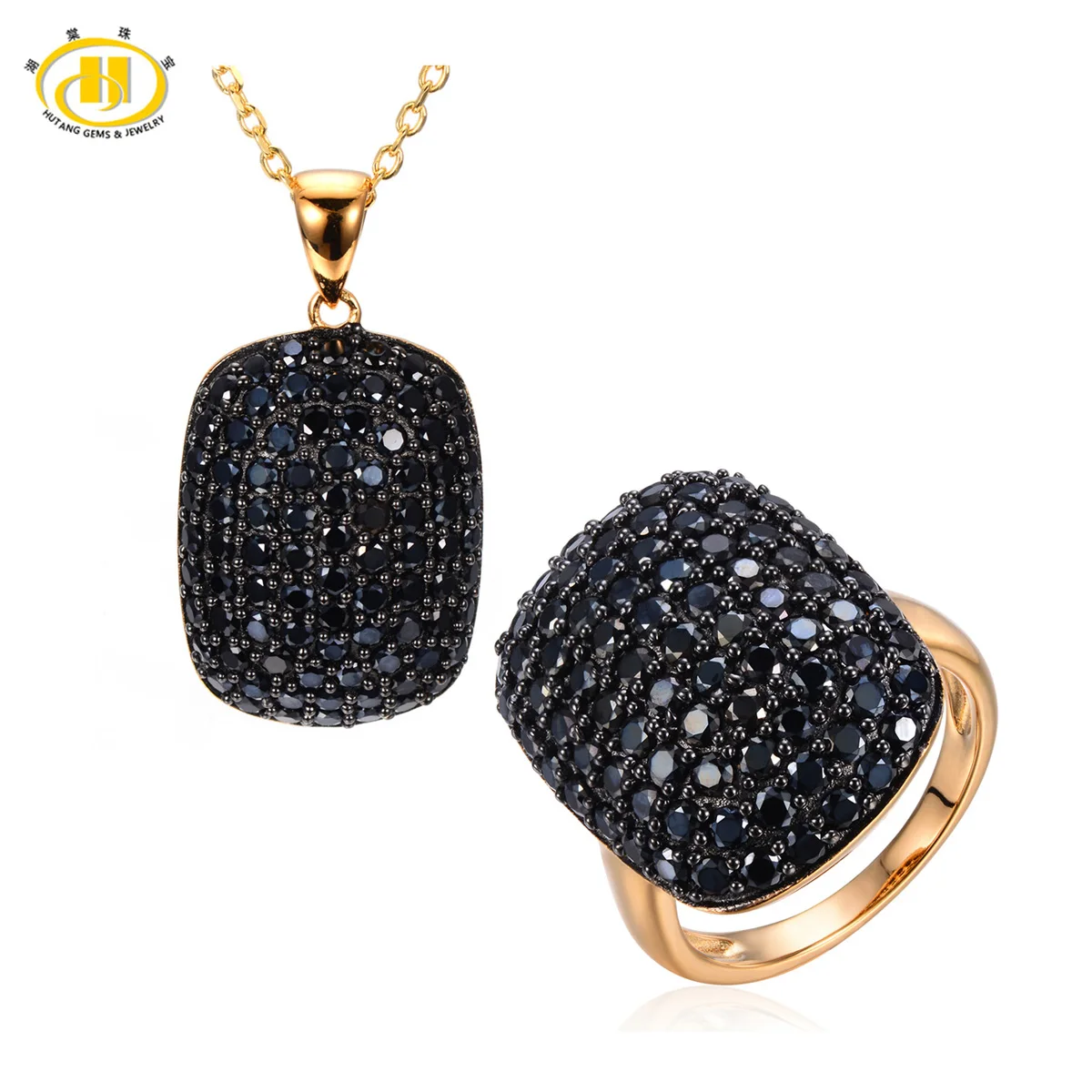 

Hutang Natural Black Spinel Solid 925 Sterling Silver Jewelry Set Pendant & Ring Micro-set Gemstone Gold Plated Fine Jewelry