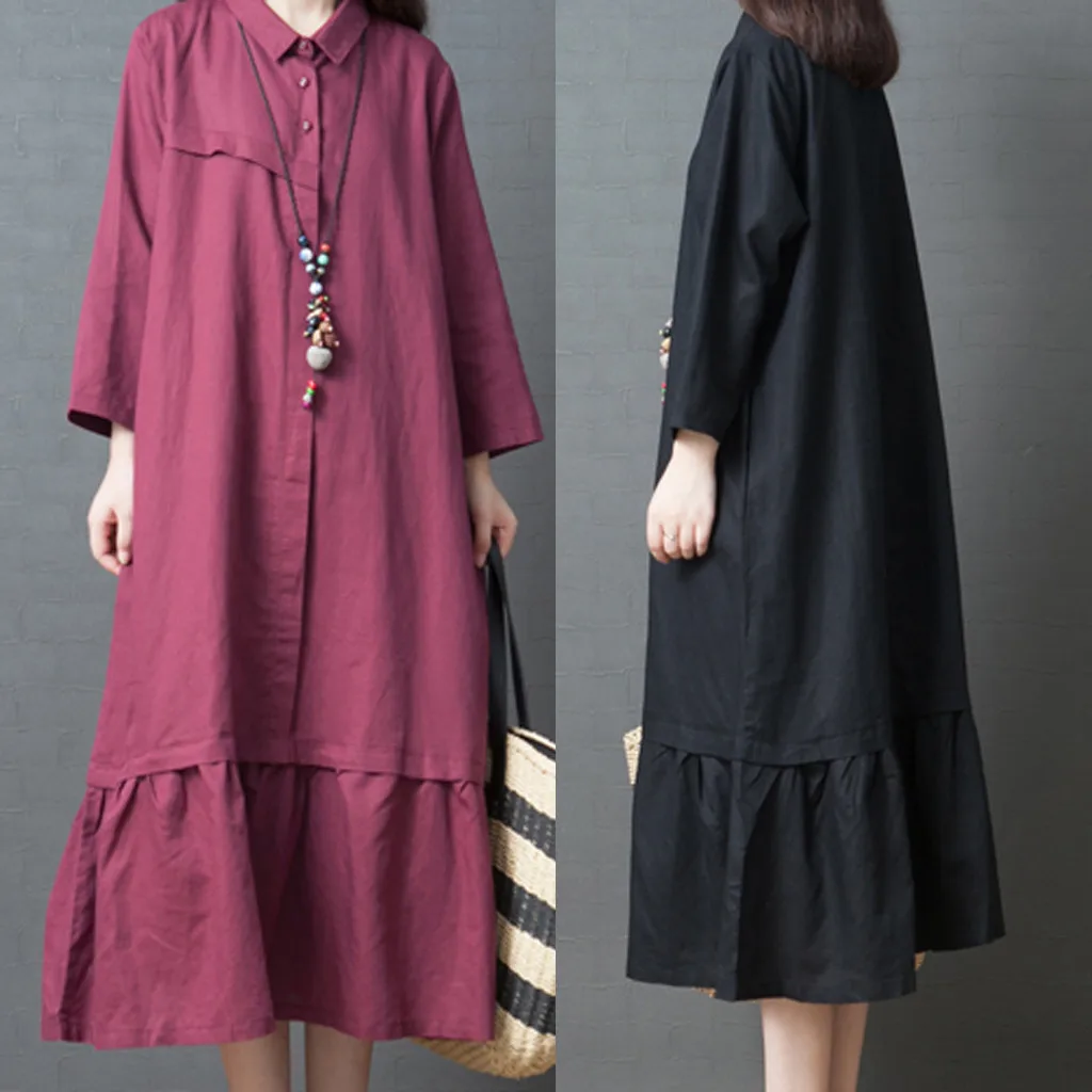 

Women Summer Dress Women Long Dress Big Code Girls Pure Color Cotton and Linen Long Sleeve Shirt Dress L410A
