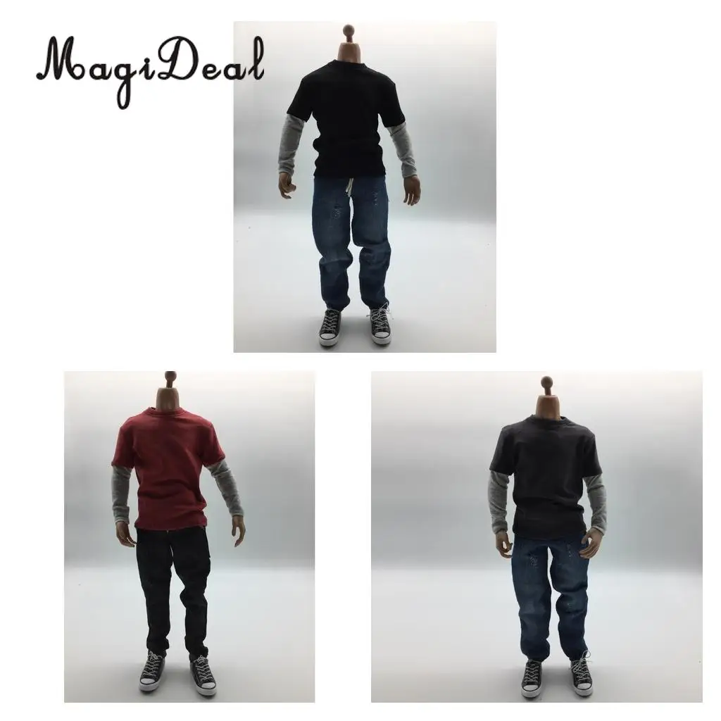 MagiDeal Cloth 1/6 Scale Mens Clothes Dark Gray Long T-shirt Denim Jeans Canvas Shoes Set for 12 Inch Male Action Figures Body