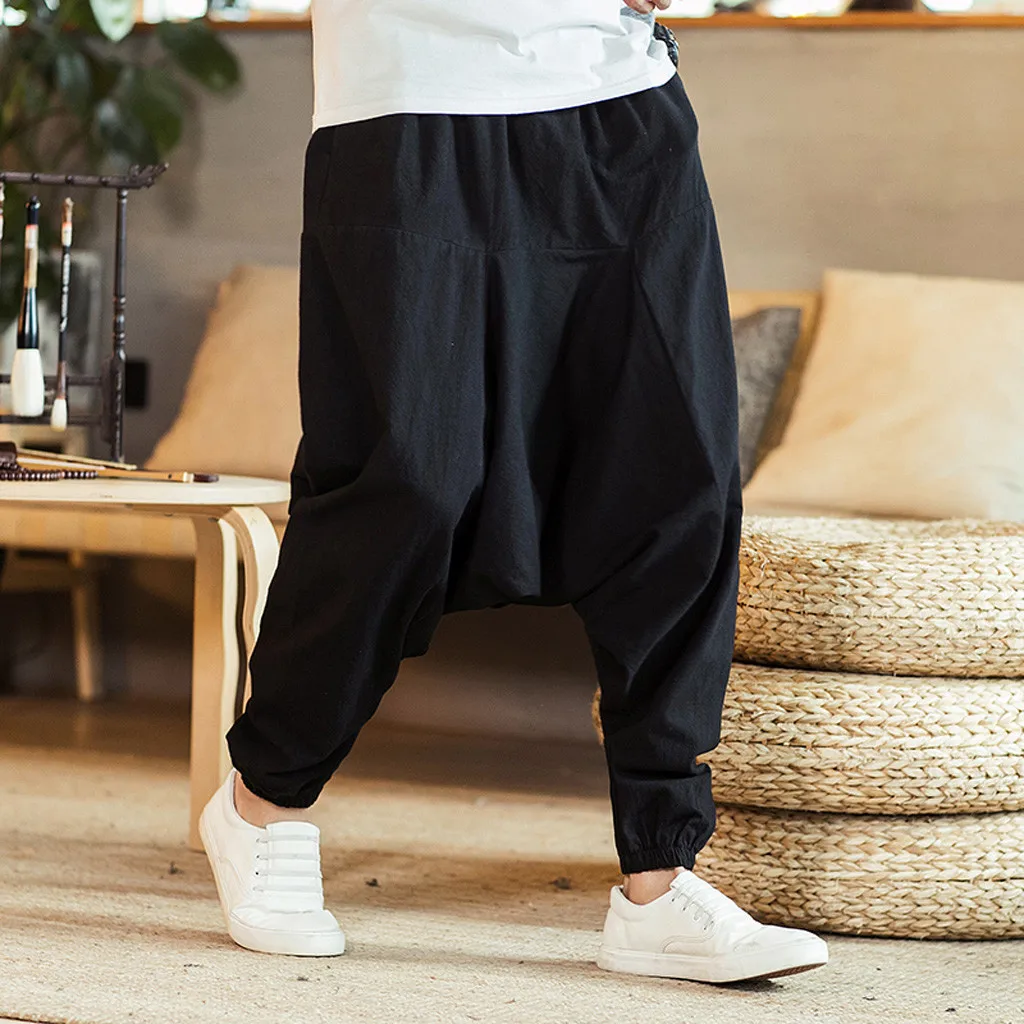 Linen Harem Pants Hip Hop Aladdin Hmong Baggy Cotton Men trousers Plus Size Wide Leg Trousers Casual loose Pants Cross-pants