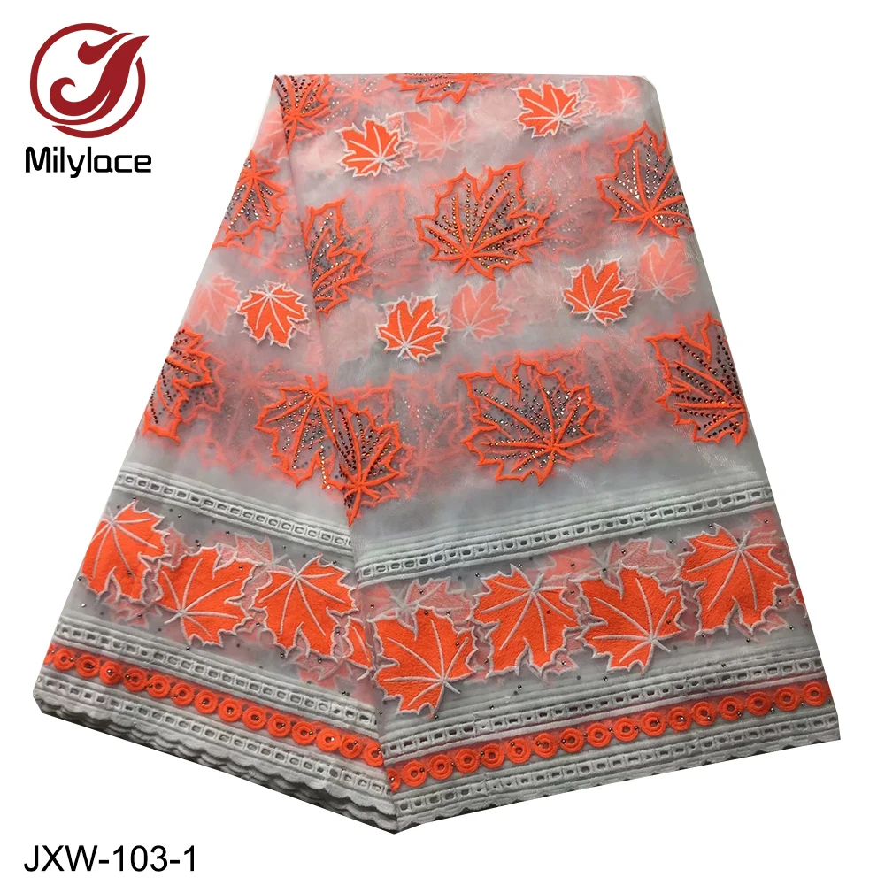 

French Lace Material High Quality Maple Leaf Embroidery Design and Rhinestone for Nigerian Wedding Tulle Lace Fabric JXW-103