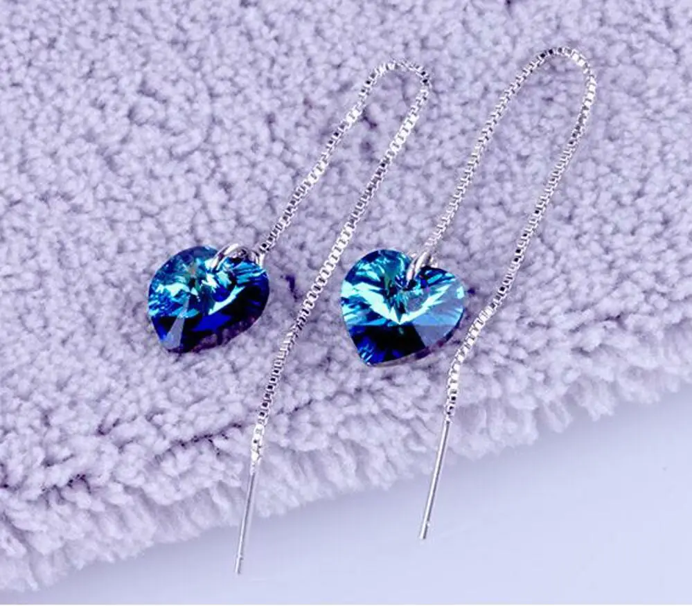 925 sterling silver women's long heart shaped crystal earrings tassel ear nail blue crystal ear