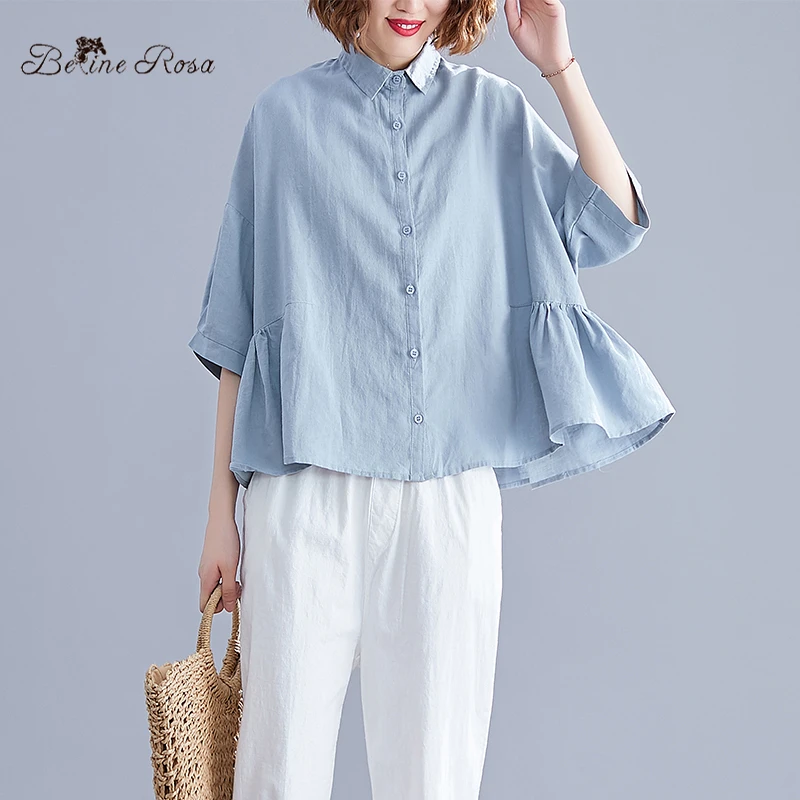 

BelineRosa Simple Fashion Style Women's Blouse Sky Blue Color Elegant Ladies Ruffled Cotton Linen Half Sleeve WomenTops JYYC0001