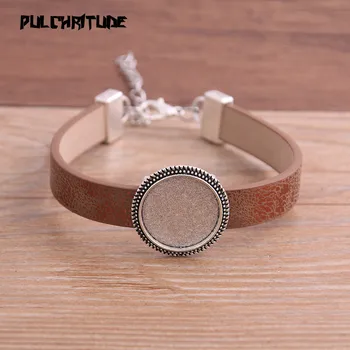 

1pcs 6Color Pattern PU Bracelet Silver Round Base Setting Cuff Blank Trays Brazel Fit 18mm Glass Cameo Dome Cabochon DIY Jewelry