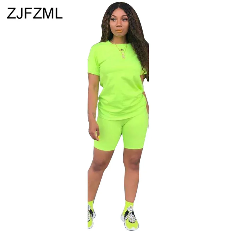 

Neon Green Yellow Two Piece Set Tracksuit Summer Clothes For Women O Neck Short Sleeve T-Shirts+Biker Short 2 Piece Club Outfits