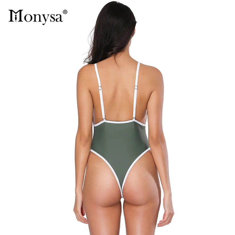 Monysa бренд цельный купальник женский Летний Пляжный глубокий v-образный Вырез Сексуальный купальник полиэстер зеленый купальный костюм для женщин