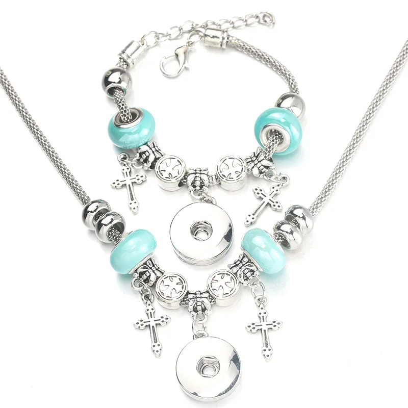 Snap Cross Necklace Bracelet Set Bead Pendant Hollow Chain Beaded