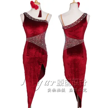 

sexy New Latin Dance wine red black Korea velvet with rhinestone