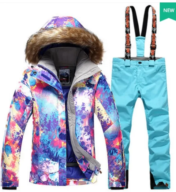 Женский фиолетовый лыжный костюм, женская одежда для катания на лыжах, сноуборде, верховой езды, фиолетовая Лыжная куртка и комбинезон, лыжные штаны на подтяжках, Комбинезоны - Цвет: as shown
