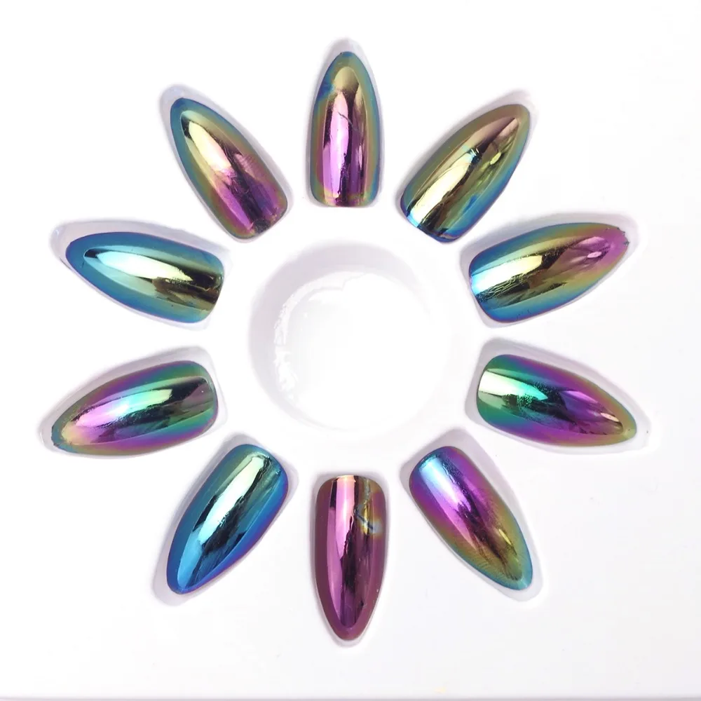 

24pcs Simple Candy Solid Reflection Stiletto False Nails Tips Mirror Effect Magic Mirror Powder Holiday Gown Dress Ball