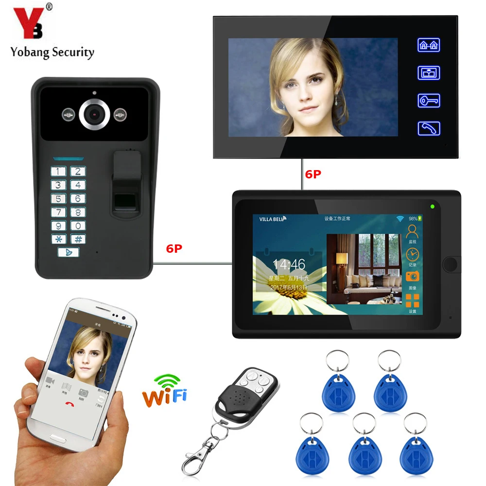Yobang безопасности WI-FI отпечатков пальцев RFID пароль Беспроводной дверной звонок Видео Домофонные дверной звонок 1 Камера 2 монитор Интерком