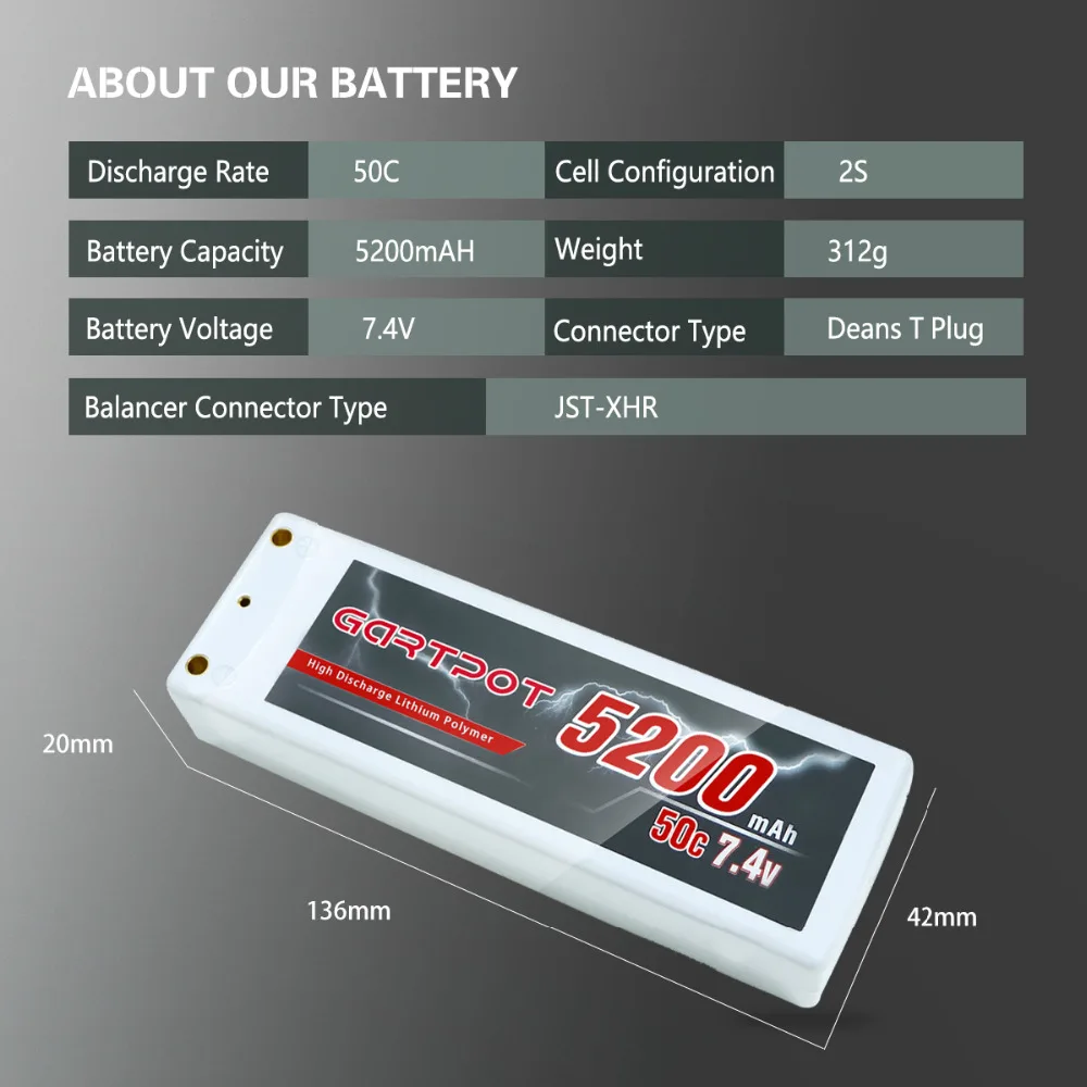 GARTPOT 7,4 V Lipo Батарея 5200 мАч 2 S 50C литий-полимерный, Радиоуправляемый автомобиль Батарея 5200 мА/ч, Батарея с деканов T штекер для машинка «трагги» лодка самолет