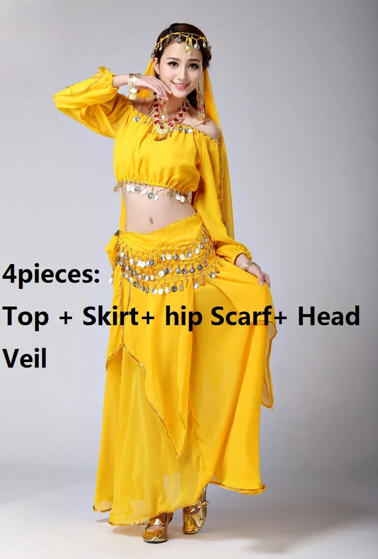 Костюм для танца живота, платье для танца живота, набор для женщин, бюстгальтер, пояс, юбка, Болливуд, платья для танцев, индийский танец, rs, танцевальная одежда для сцены - Цвет: Yellow4pcs