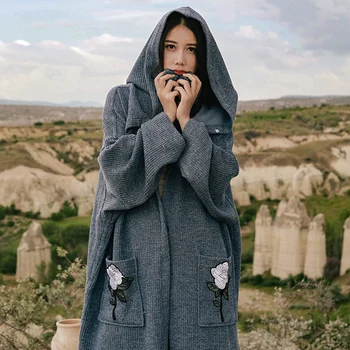 

New Arrival Autumn 2018 cute yarn ball embroidered pocket vintage oversized long knitted cardigan coat women