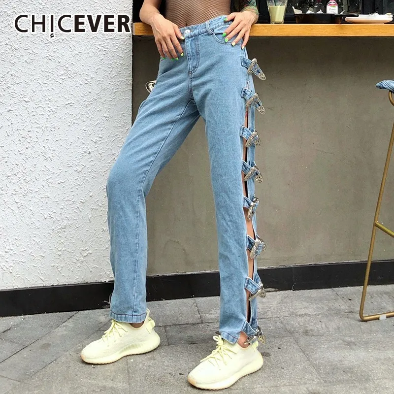 

CHICEVER Summer Streetwear Light Wash Denim Women Pant Zipper Fly High Waist Side Button Hollow Out Full Length Straight Jeans