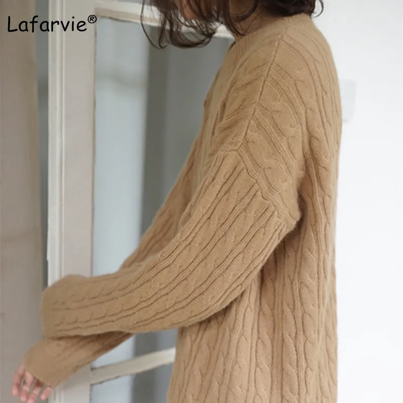 Lafarvie New Elegant Knitted Cashmere Sweater Women Tops Autumn Winter O-neck Loose Thick Pullover Female Casual Warm Pull Femme