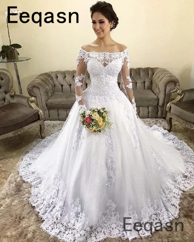 

Ball Gown Wedding Dress 2019 Long Sleeve Illusion Lace Appliques Saudi Court Train Vestido de noiva Plus Size Bridal Gowns