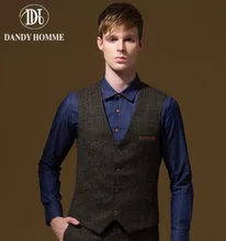Men Sanding Formal Suits Vests Autumn Winter Warm Retro Leisure Super Slim Brown Young Man Business Wedding Groom V-Neck Vest