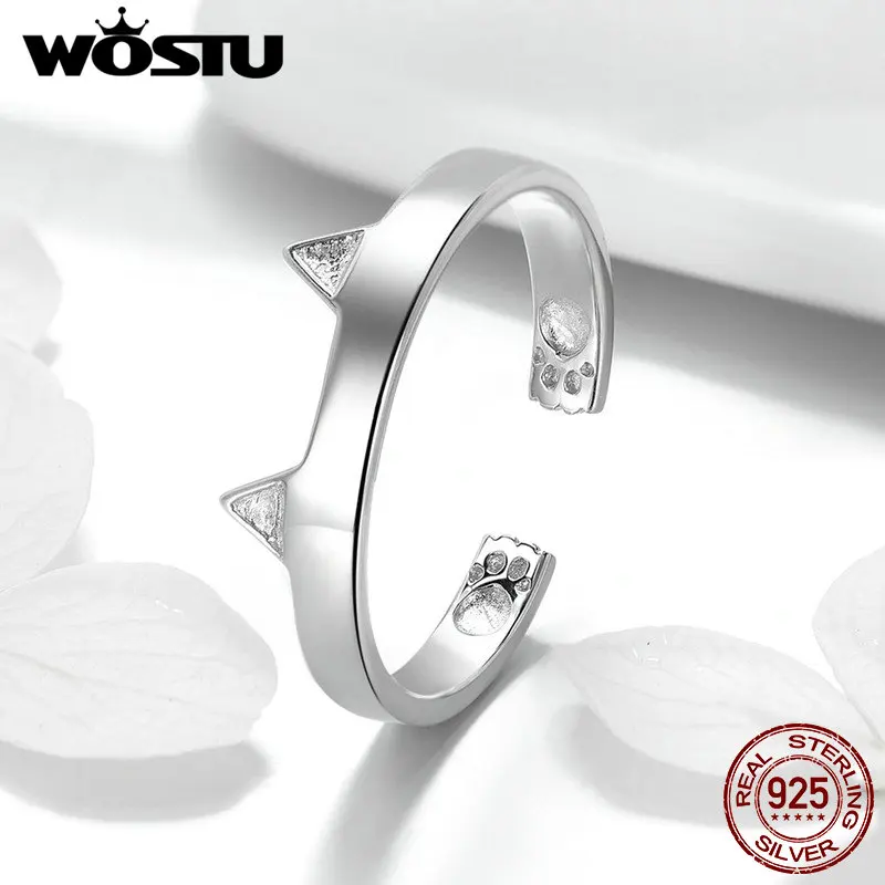 

WOSTU Hot Sale 925 Sterling Silver Open Ring Glitter Cat Finger Open Rings For Women Fine S925 Silver Jewelry Party Gift FIR387