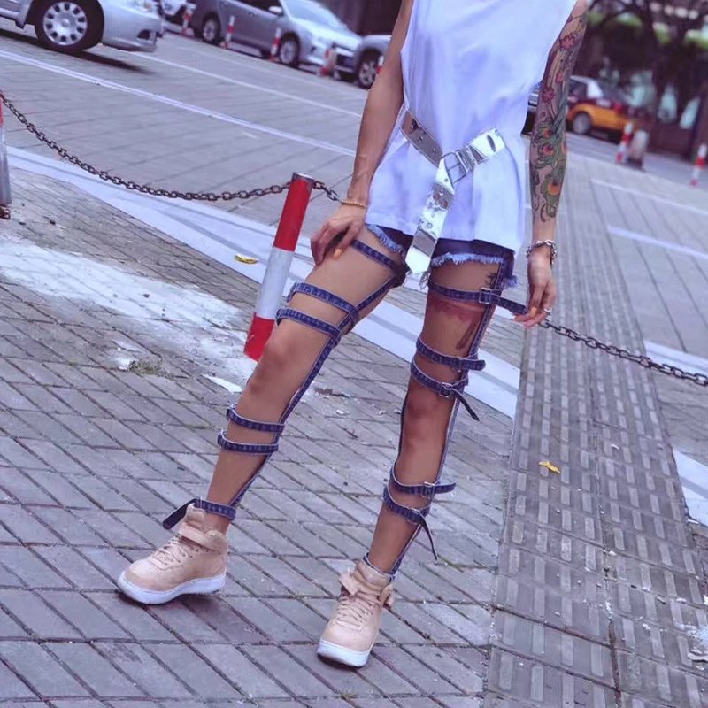 

Detachable two-wear jeans new fashion personality trend straps hollowed out washed jeans shorts female summer high quality ieans