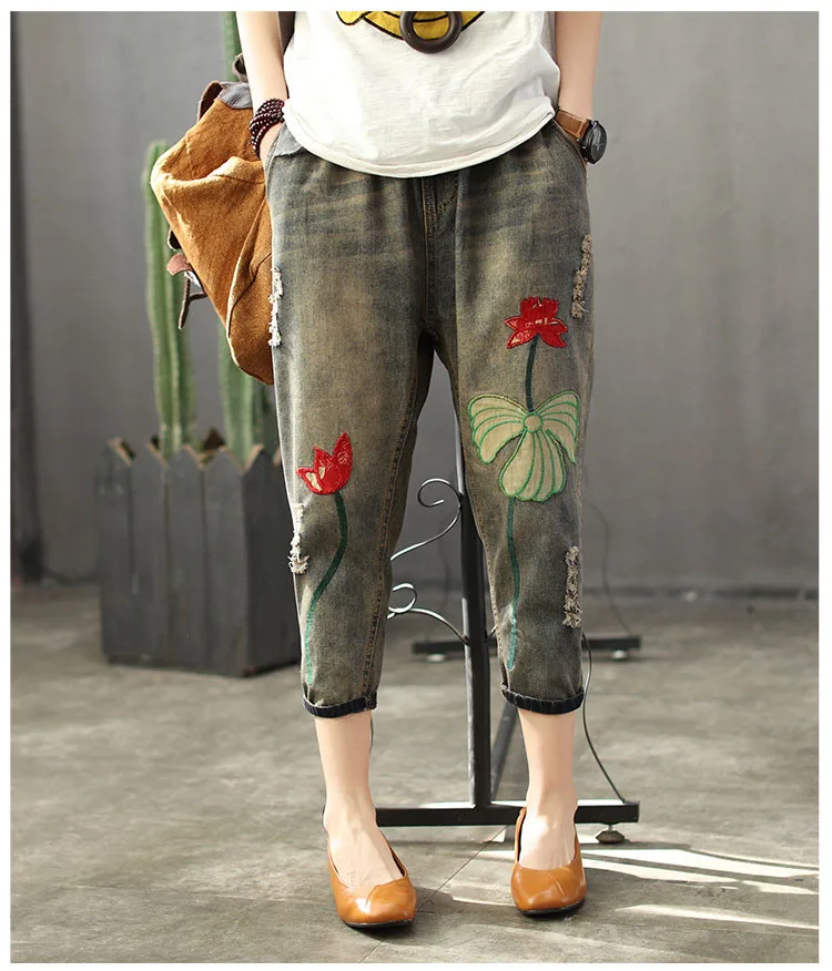 QPFJQD винтажные женские джинсы с вышивкой, эластичная талия, 3D Цветы, лоскутные шаровары, женские повседневные джинсовые штаны на весну и лето