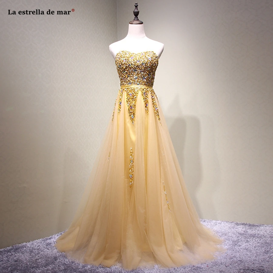 

Vestido de formatura longo2018 new tulle crystal sexy sweetheart a Line sparkling gold prom dresses plus size gala dress