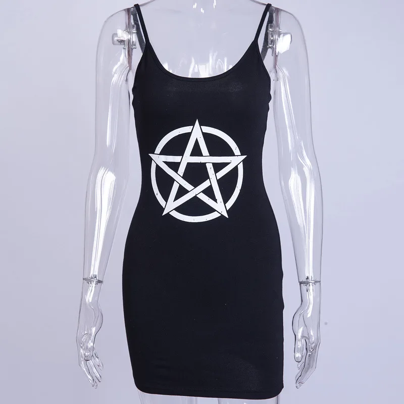 RAISEVERN Sexy Mini Dress Women Summer Gothic Darkness Pentagram Printed Punk Girl Streetwear Club Straps Bodycon Short Dresses