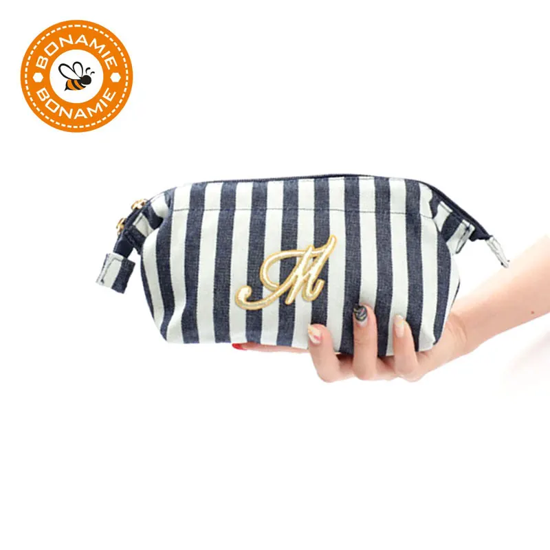 

BONAMIE 14 Letter Name Cosmetic Bag Women Denim Embroidery Cute Casual Canvas Lady Toiletry Pouch Stripe Makeup Bag Best Gift