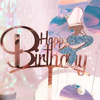 

2019 New Pink Gold Mermaid Acrylic Cake Topper Novelty Glitter Happy Birthday Cake Topper For Birthday Party Cake Decorations