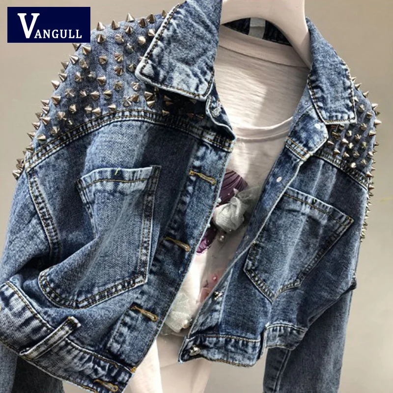 VANGULL женская джинсовая куртка с заклепками 2019 Весенняя уличная одежда длинным