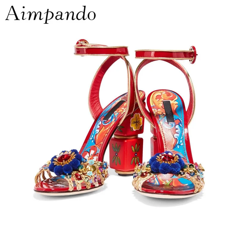 

Bling Sequins Crystal Gladiator Sandals Women Pompoms Flower Ankle Strap Knitted Wedding Shoes Summer Shoes Woman