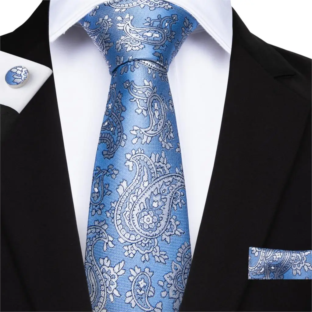 

DiBanGu 2019 New Blue White Men's Tie Paisley Tie 100% Silk Necktie Hanky Cufflinks Tie for Men Business Wedding Tie Set MJ-7112