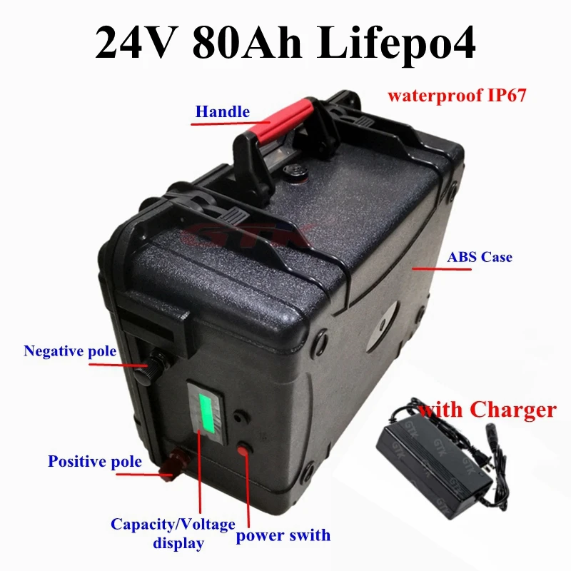 

24V 80Ah Lifepo4 lithium battery with waterproof suitacase voltage/percentage display for electric boat motorbike +10A Charger