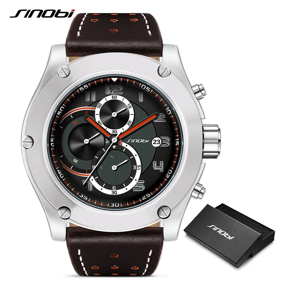relogio masculino SINOBI New Man Chronograph Wrist watches Calender Waterproof Leather Sports Men's
