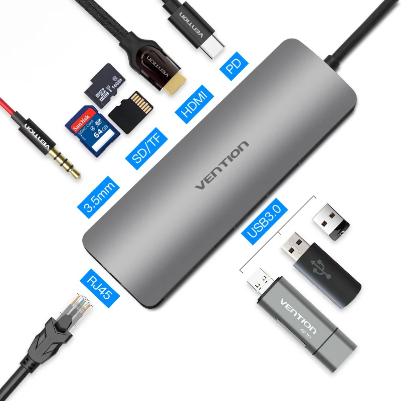 Vention thunderbolt 3 USB-C HDMI VGA конвертер USB3.0 концентратор SD/TF кард-ридер 3,5 мм разъем PD RJ45 адаптер для MacBook type C концентратор - Цвет: 9 in 1