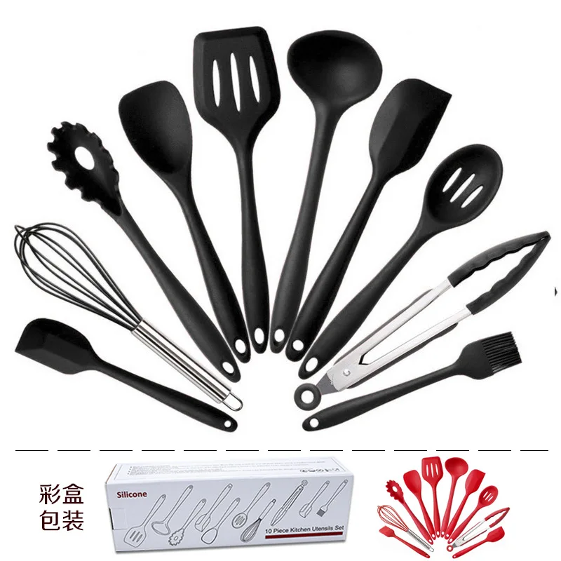 

Color box wholesale wholesale silica gel kitchenware 10 Piece non stick cooker, environmental friendly kitchen tools appliances