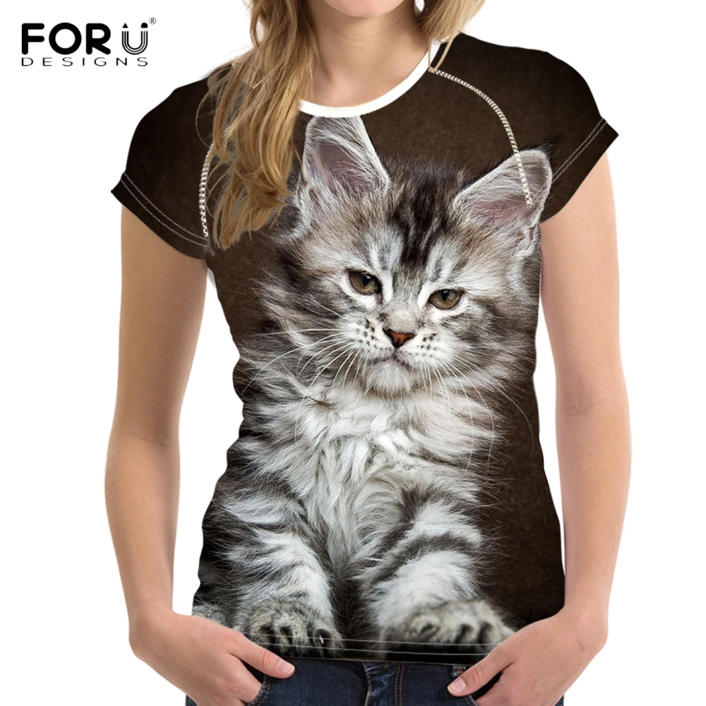 FORUDESIGNS/женские летние футболки в стиле Харадзюку; милые футболки с 3D принтом животных из мейн-енота и кота для девочек; модная футболка с коротким рукавом размера плюс