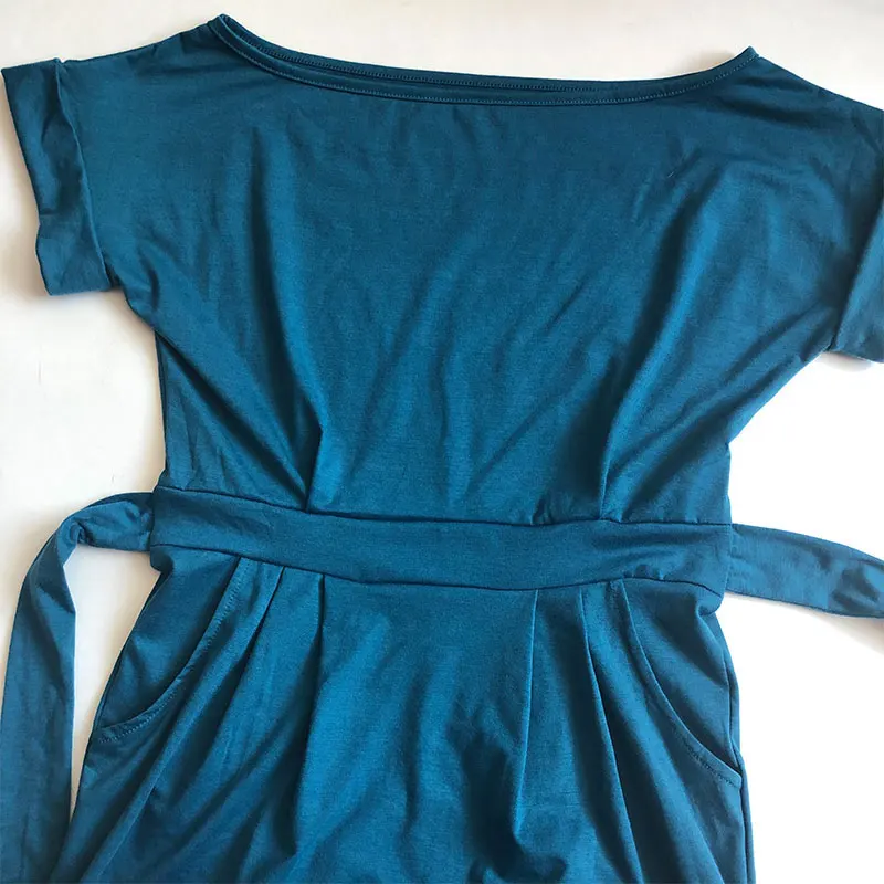 Solid O-neck Short Sleeves Lacing Dresses Women Casual Pockets Simple Dress Summer Ladies Fashion Breathable Dress Vestidos New