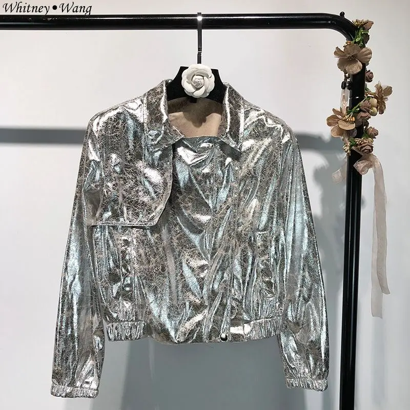 WHITNEY Ван 2018 осень-зима уличной моды металлик блестящие куртки PU Для женщин