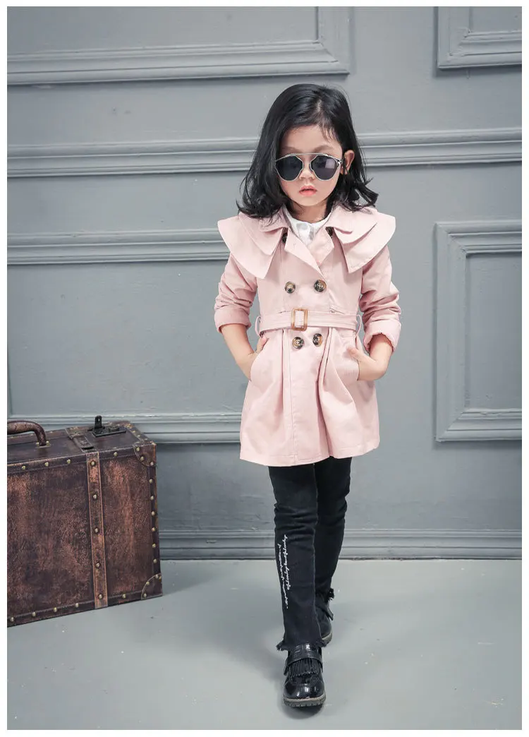 Новая детская одежда весенне-осеннее пальто принцессы для девочек однотонный двубортный Тренч средней длины Детское пальто