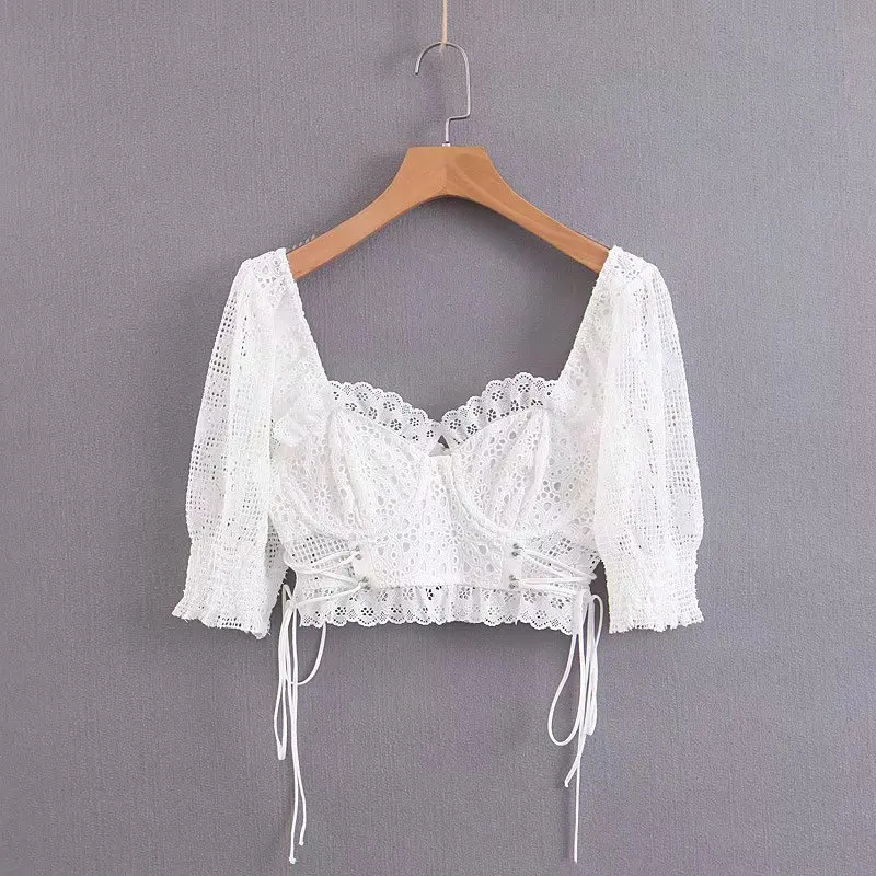 Летний винтажный сексуальный укороченный топ белая кружевная блузка с рюшами и вышивкой рубашка с буфами на рукавах Топ kawaii Женские топы и блузки blusas