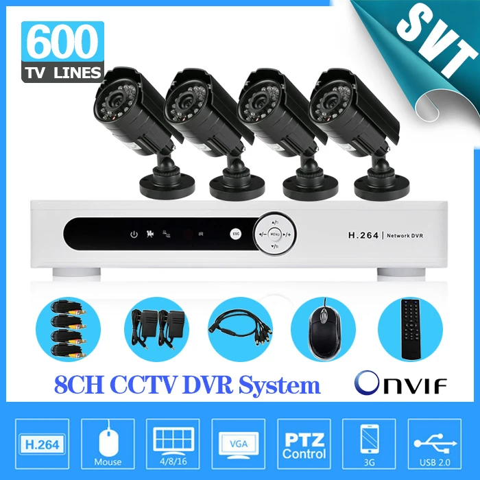 NVR Главная 8ch H.264 DVR наблюдения 4 шт. Всепогодный Безопасности Камера CCTV Системы комплект, iphone Andriod удаленного просмотра snv-07