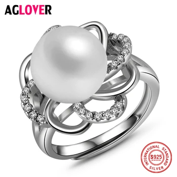 

Female Ring 925 Silver AAA Crystal Zircon Natural Freshwater 10mm Pearl Charm Woman Flowers Ring Fashion 100% Silver Jewelry