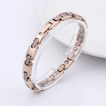 

8mm 19cm (7.2 inch) High Quality luxurious Rose gold tungsten steel CZ Link Chain Health magnet germanium stone Bracelet Women
