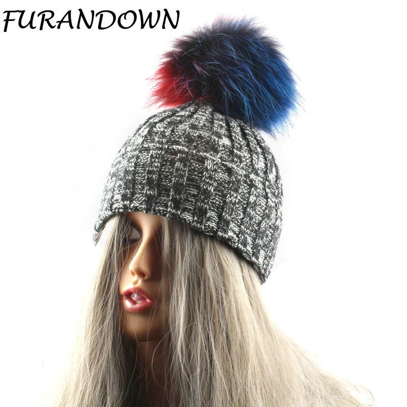 FURANDOWN/Брендовая женская зимняя теплая шерстяная шапка настоящий помпон из меха