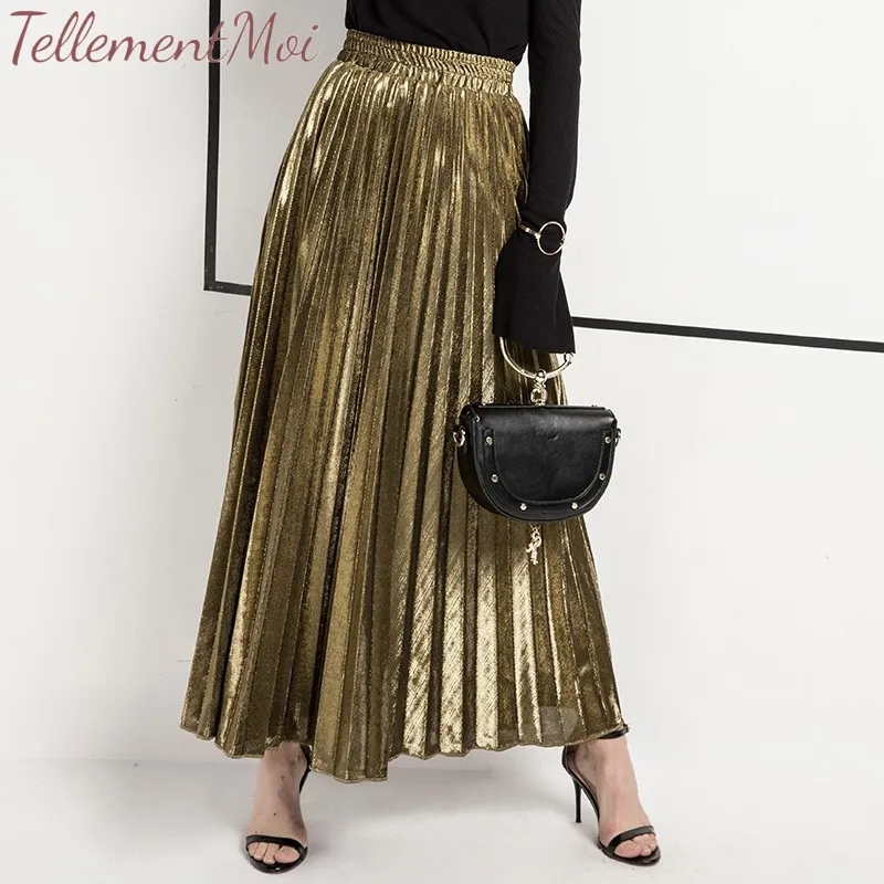 

Maxi Skirt Women's Premium Metallic Shiny Pleated Skirt Lady Elastic High Waist Shimmer Accordion A-Line Swing Long Skirt S-2XL